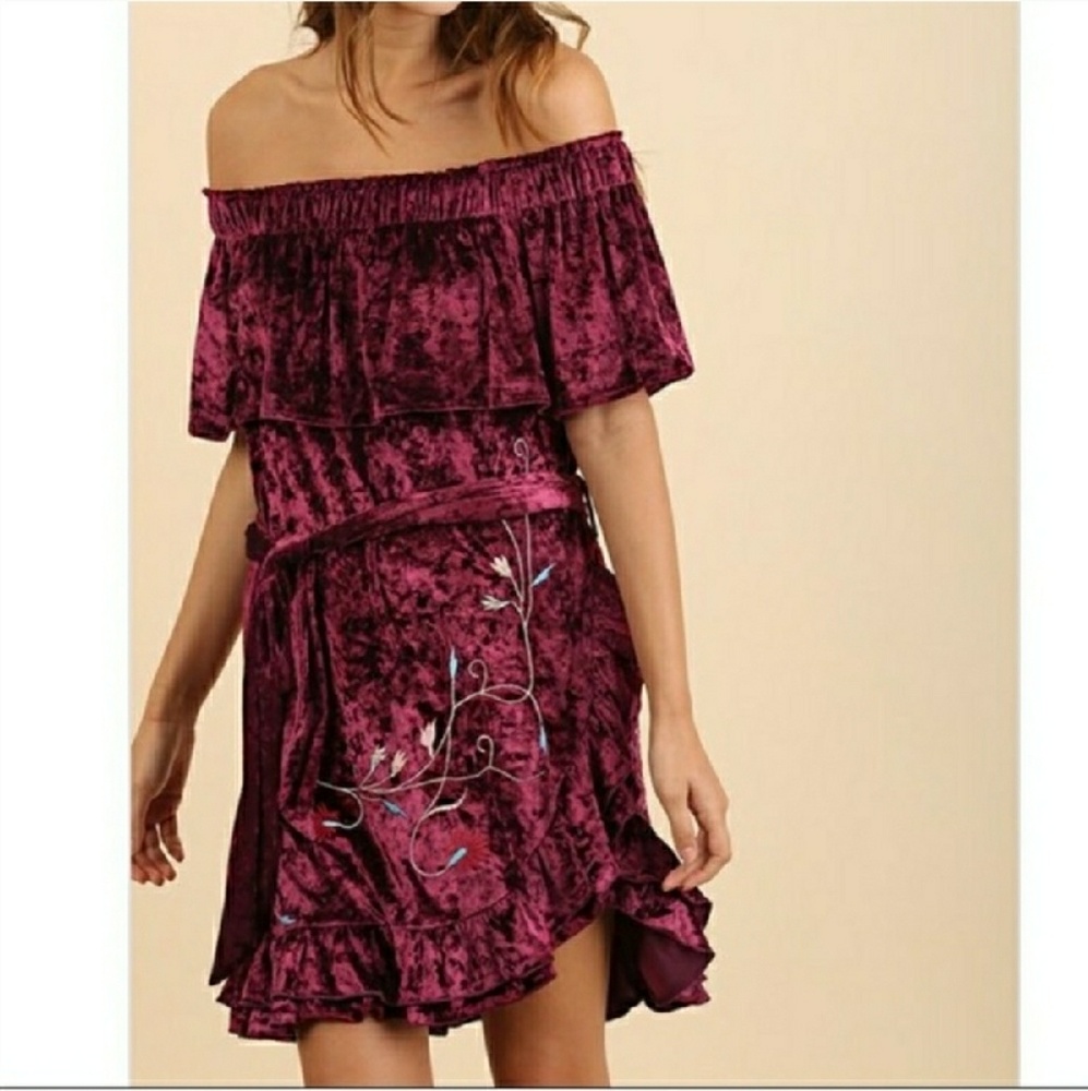 🍁NEW Wine Crushed Velvet Embroidered Dress